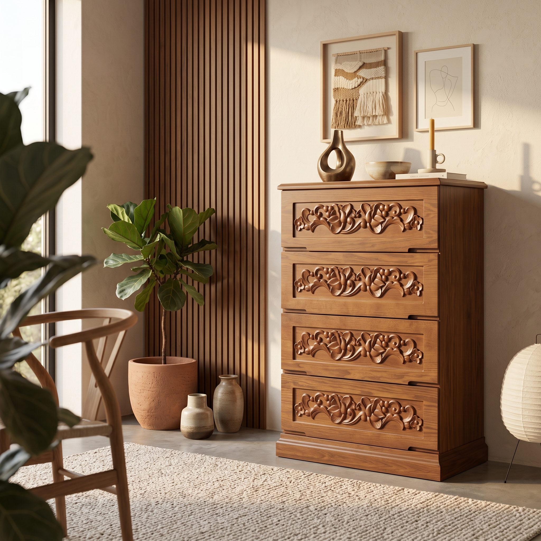 Beautifully Carved Drawere Wooden Chest of Drawers view 1