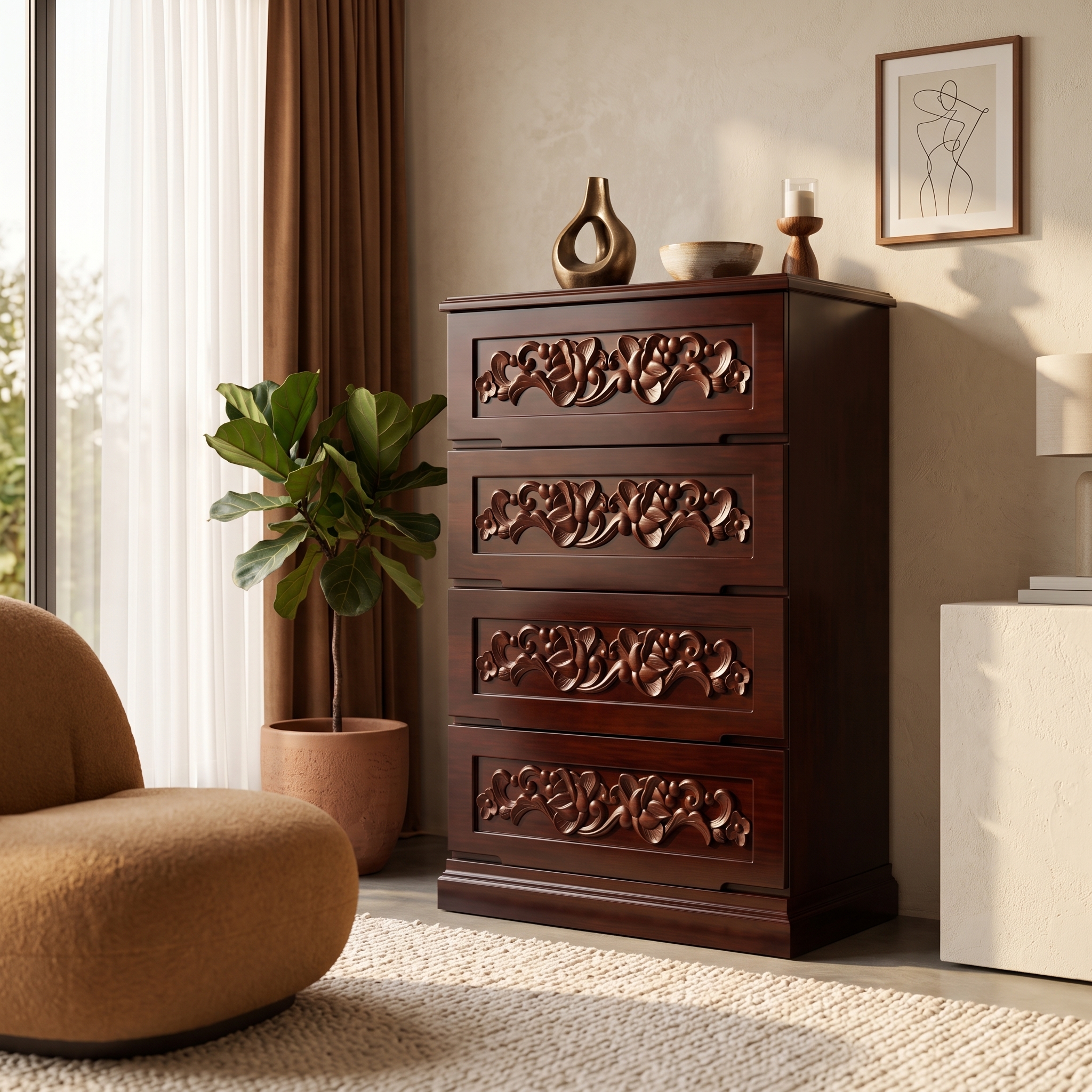 Beautifully Carved Drawere Wooden Chest of Drawers view 2