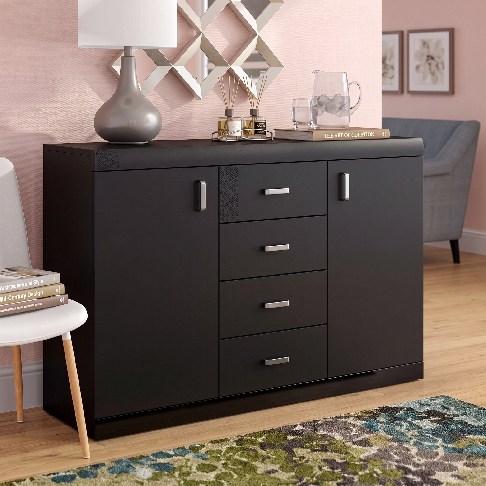 Modern Standard Dresser with Drawers and Cabinet Door, Manufactured Wood Storage Cabinet for Bedroom, Dining Room, or Entryway view 2