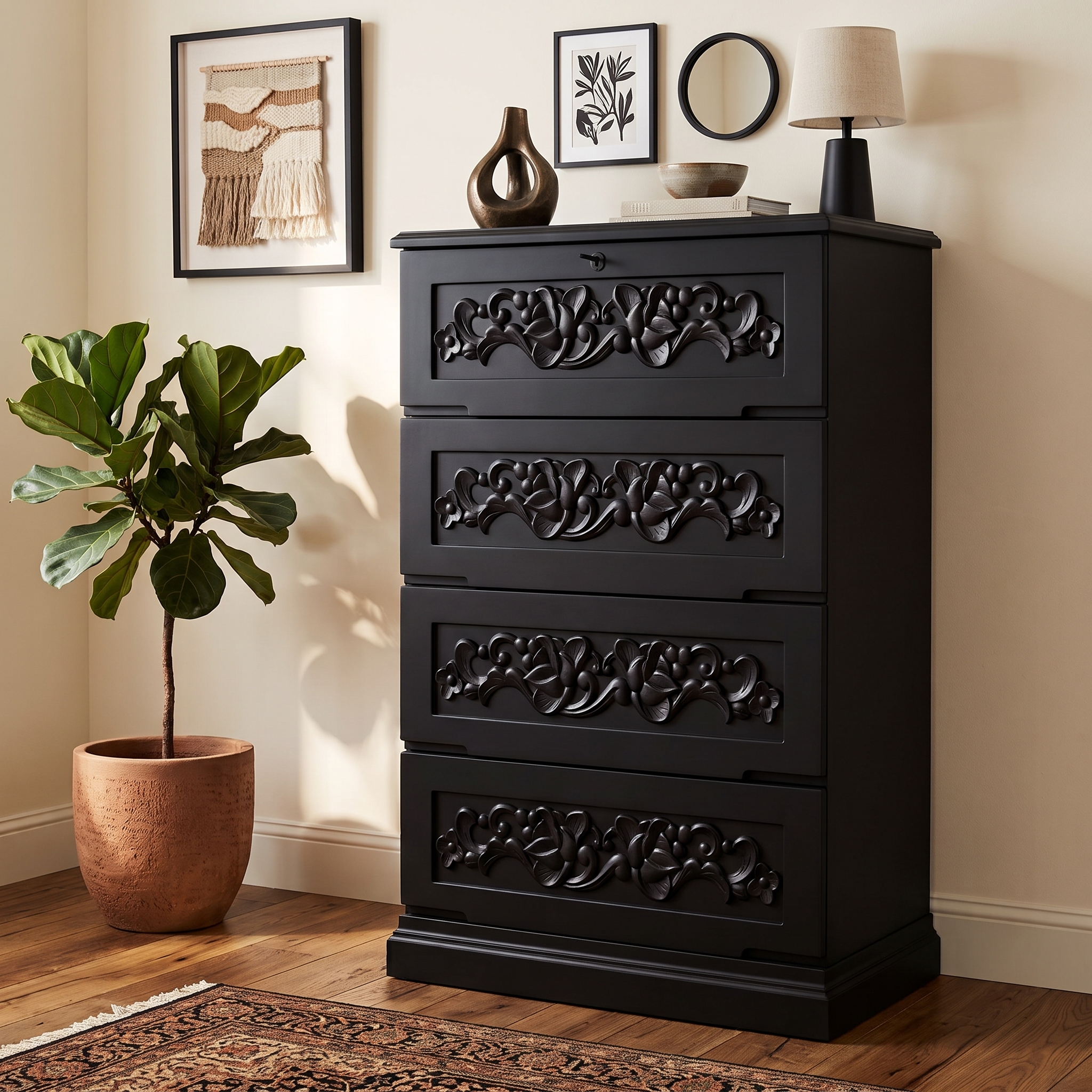 Beautifully Carved Drawere Wooden Chest of Drawers view 3
